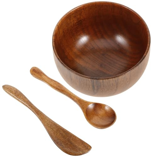 Wood Facial Mask Mixing Bowl Set with Spatula and Spoon | Brown Wood Bowl, Easy to Clean Set for Travel and Business Trips
