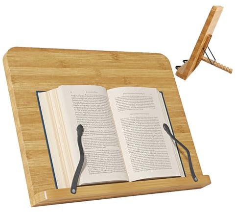 Buchständer Holz, Buchhalter Leseständer mit 8 Verstellbaren Positionen | 34x24cm Winkelverstellung von 30–80°, Book Stand mit Elastischen Seitenklammern, Bücherständer für Studieren, Arbeiten, Lesen