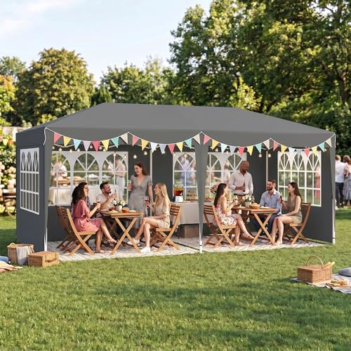 Suusolny Faltpavillon Mit 6 Seitenteilen Faltbares Partyzelt,Wasserdicht&UV Schutz Gartenzelt für Hochzeiten, Freizeit & Gartenparty-3x6 m(Grau)