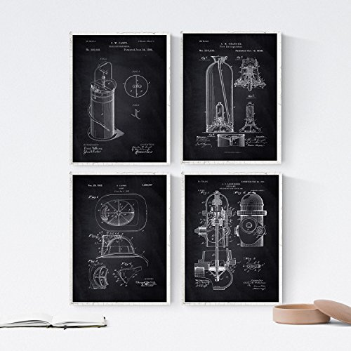 Nacnic Schwarz Feuerwehr Patent Poster 4-er Set. Vintage Stil Wanddekoration Abbildung von Feuerlöscher und Feuerwehrkleidung. Verschiedene geometrische Alte Erfindungen Bilder ohne Rahmen. Größe A4.