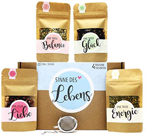 OWLBOOK® Tee Geschenkset Frauen - Sinne des Lebens - Tee Geschenke für Mama Oma Freundin als Geburtstagsgeschenk Muttertagsgeschenke | Teebox mit 4 Teesorten & Tee-Ei