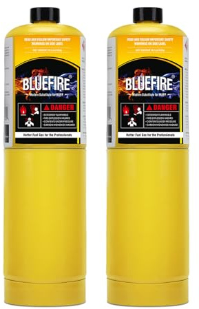 BLUEFIRE (2) 14.1 oz Modern MAPP Gas Cylinder 99.9% High Purity Propylene Equal to MAP-PRO Hotter than Small Propane Tank Torch Fuel Various Packages Available MAP GAS Cylinder Torch Kit Pack of 2