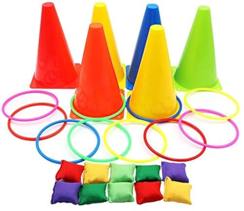Aotoer 3 In 1 Carnival Combo Set Traffic Cone Ring Toss Game with Bean Bags Plastic Multicolor Throwing Circle Activity Rings for Kids Outdoor Indoor Games
