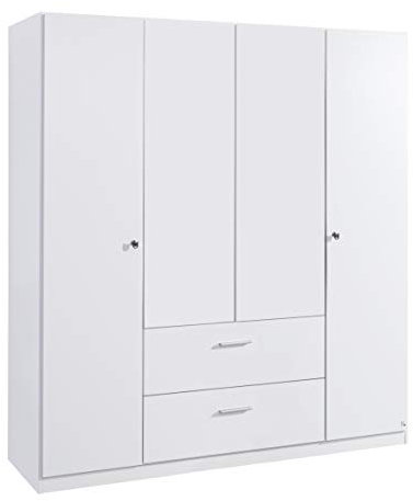 Rauch Möbel Buchholz Schrank abschließbar, Abschließbarer Kleiderschrank in Weiß 4-türig mit 2 Schubladen inkl. Zubehörpaket Basic 2 Kleiderstangen, 5 Einlegeböden BxHxT 181x197x54 cm