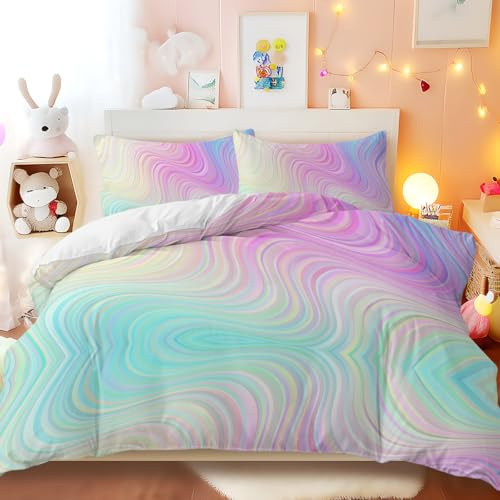 BlessLiving Rainbow King Modern Marble Duvet Cover Set King | 3 Pieces; Quilt Cover; Bedding; Blessliving Rainbow King Modern Marble Duvet; Size; Set; 3D; Abstract; Pastel; Green