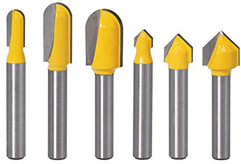 Gasea 6pcs 6.35mm Queue Mèches de Routeur Bits,3PCS Routeur Bit de Fond Rond et 3pcs 90°Rainures en V de Nez Rond Outil de Coupe Pour Travail du Bois, Diamètre de Coupe 6.35mm,9.52mm, 12.7mm