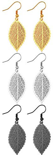 JewelryWe 3 Paar Damen Ohrringe Set, Retro Blatt Ohrhänger Statement Ohrhänger Geschenk für Frau Mädchen, Gold Schwarz Silber