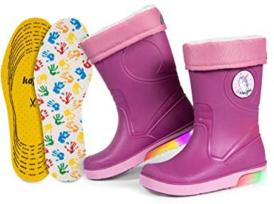Stivali di Gomma Wellies per Bambini | Fodera Staccabile in Pelliccia Sintetica con Solette Extra KAPS | Soletta con Luci LED e Scotchlite 3M Riflettente Made in Italia (24/25 - Viola)