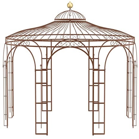 ELEO Pavillon Florenz rostoptik mit Dekorkugel - rund 4x4 m Rankpavillon für den Garten handgeschmiedet Schmiedeeisen romantisch - Rosenpavillon Metall stabil rost Edelrost - für draußen Winterfest