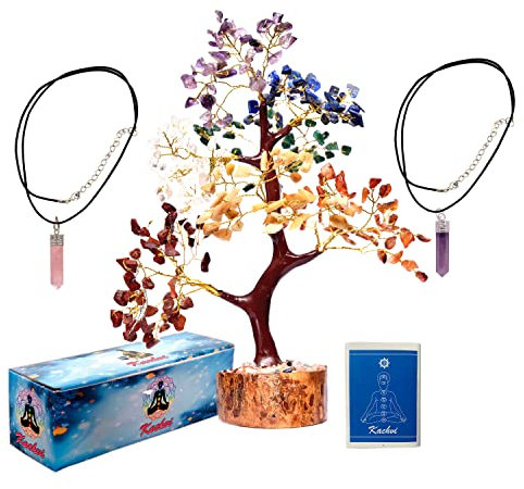 KACHVI Sept Chakra Cristal Arbre Cristaux et Pierres Précieuses Guérison Bonsaï Ornements Salon Décoration Améthyste et Rose Pendentif Méditation Cadeaux Fil d'or 300 Perles 10-12 Pouces