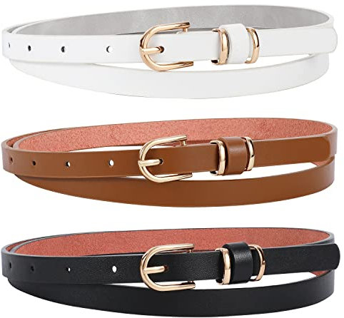 WERFORU 3 Stück Skinny PU Ledergürtel für Damen Einfarbiger, modischer, dünner Taillengürtel mit goldener Schnalle für Jeanshosen,Anzug für Hosengröße 66-76cm,Schwarz + Braun + Weiß