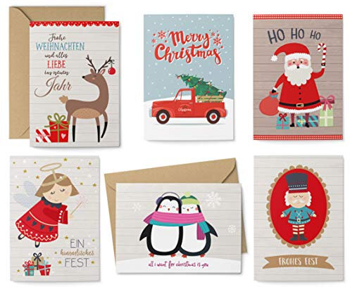 KuschelICH 12er Weihnachtskarten Set - 8 Postkarten, 4 Klappkarten mit Umschlag - Grußkarten 6 unterschiedliche Weihnachtsmotive je 2 Stück (Classic)