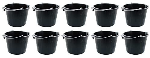 [Set of 10] 14L Litre Strong Plastic Builders Bucket 3 Gallon Multipurpose Storage Construction Bucket With Metal Handle & Spout For Cleaning Animal Feed Mixing Home & Garden - Made in UK (Black)