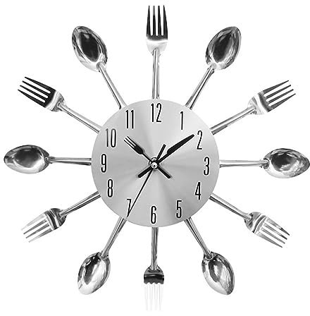 Boaby Creative Cutlery Clock, 32cm Spoon & Fork 3D Watch Stainless Steel Silver Modern Kitchen Wall Hanging Clock, for Living Room, Dining Room