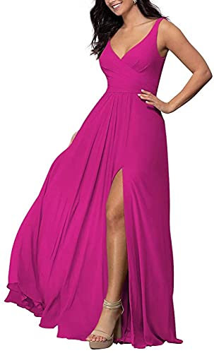 N/ C Vestido largo de gasa para dama de honor, con cuello en V, vestido de invitada acampanado, vestido formal con abertura, fucsia, 48