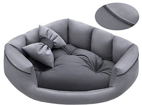 Salla Bett für Hunde & Katzen, Eckbett, Waschbares Hundebett, Kuschelbett für Haustiere, Flauschig & Kuschlig, Kuschelkörbchen mit Kissen, Katzenbett mit Kissen in Schleifenform, Grau, 70x70 cm