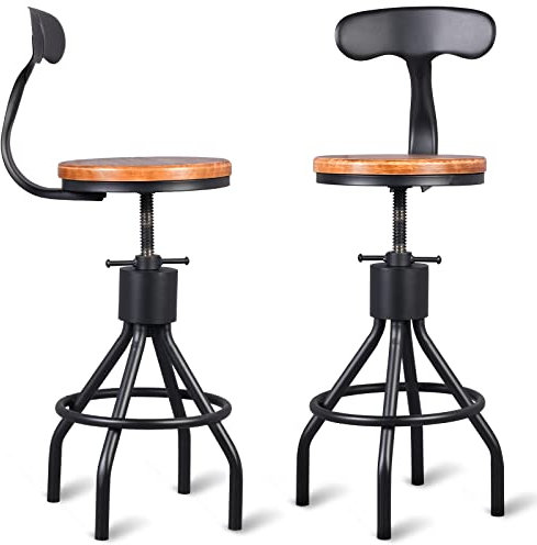 BOKKOLIK Set of 2 Industrial Bar Stools with Backrest 23-33inch Swivel Wooden Seat Kitchen Island Dining Chair Counter Stool Height Adjustable