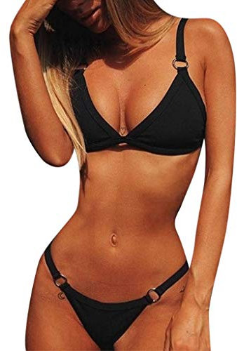 CheChury Costumi da Bagno Donna Mare Bikini Due Pezzi Push-up Reggiseno Imbottito Sportivi Bikini Brasiliano Triangolo Sexy Perizoma Soft Spiaggia,Nero,M