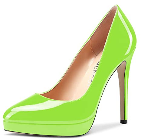 Aachcol Mujer Plataforma Aguja Alto High Heel Pumps Cerrado el Dedo del pie Puntiaguada Punta Slip-on Zapatos de Boda Oficina Fiesta Dress Clásico 12 CM Verde Lima Charol 39 EU