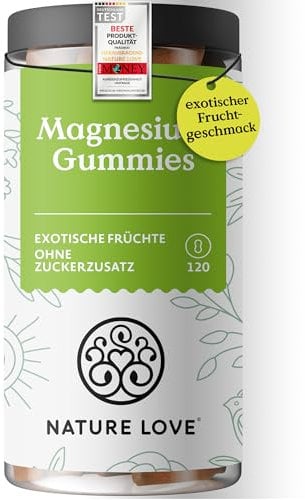 NATURE LOVE® Magnesiumcitrat Gummies – 120 Stück – ohne Zuckerzusatz – 188 mg Magnesium pro Tagesdosis für Erwachsene, 126 mg für Kinder – Alternative zu Kapseln & Tabletten – vegan und laborgeprüft