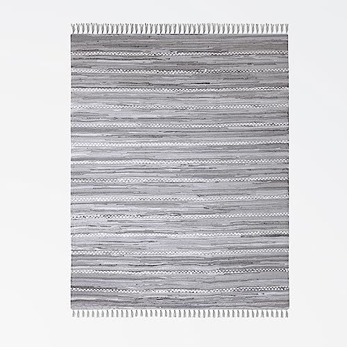 MY-RUG Fleckerlteppich 140x200cm, Flurteppich grau, Flickenteppich handgewebt, recyceltes Material - Bettvorleger aus Baumwolle Teppich Chindi Kelim Nandini