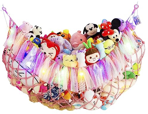 Großes Makramee-Plüschtier-Netz oder Hängematte Großes Plüschtiernetz oder Hängematte mit LED-Licht. Teddybär-Aufbewahrung. Wandhängendes Spielzeugnetz für Plüschtiere