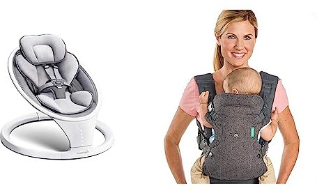 Munchkin Electric Baby Bouncer Chair, Bluetooth Enabled Baby Swing Chair, Baby Rocker Grey/White & Infantino Flip Advanced 4-in-1 Grey Carrier - Ergonomic, convertible