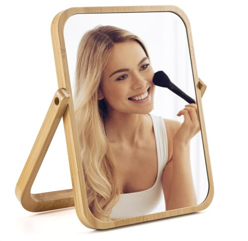 Bambus-Schminkspiegel, HD-Schreibtisch-Make-up-Spiegel, 360° drehbar, echter Stehender, tragbarer faltbarer Reisespiegel für Rasieren, Schminktisch, Schreibtisch