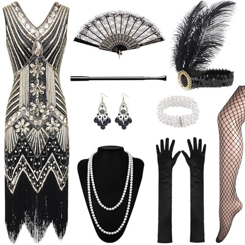 XCMVCN 12 Stück 1920er Charleston Kleid Jahre V-Ausschnitt Pailletten Perlen Fransen Kleid mit 20er Jahre Accessoires für Faschingskostüm (Schwarz+Gold,L)