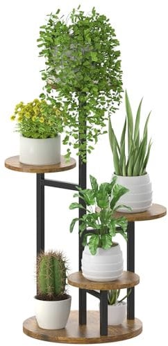 LyTaispuly 5 Etagen Pflanzenständer Innen, Tiered Metall Holz Ecke Pflanzenregal Blumentreppen für Indoor-Pflanzen Mehrere, Hohe Blumenständer für Outdoor-Wohnzimmer Veranda Balkon Garten Terrasse