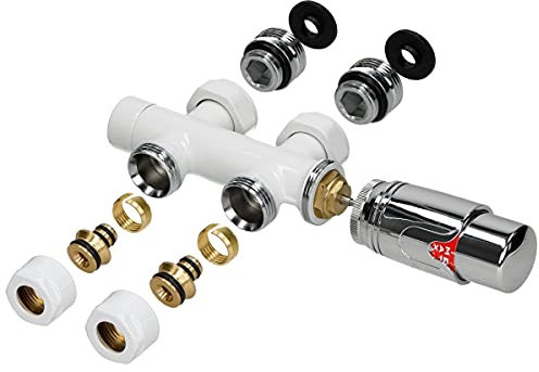 LuxeBath Set de Raccordement Thermostatique Blanc Multiblock Forme de Passage avec Tête Thermostatique pour Radiateur Salle de Bain, Raccord Central au Bas Compatible Chauffage à Eau Design Élégant