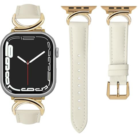 mxiixnai Lederarmband kompatibel mit Apple Watch Armband 44/45/46/49/42mm Damen, Echtesleder Armbänder mit C-förmiger Schnalle für iWatch 10/9/8/7/6/5/4/3/SE/Ultra 2,Polarstern/Gold
