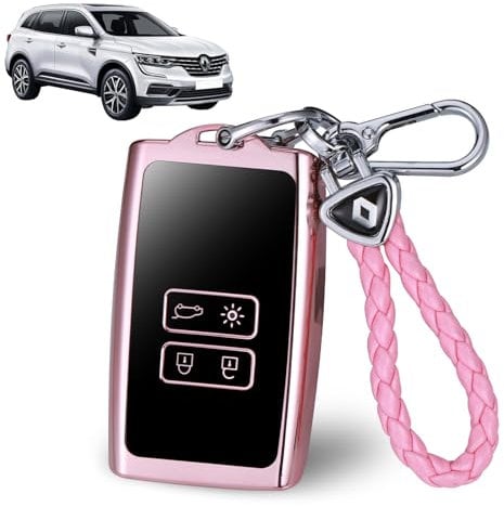 JIZZU Renault Protection Coque Clé, Coque de clé de voiture en TPU 4 Boutons, Porte-Clés de Voiture TPU avec porte-clés en cuir, Compatible avec Renault, Argent (Rose)