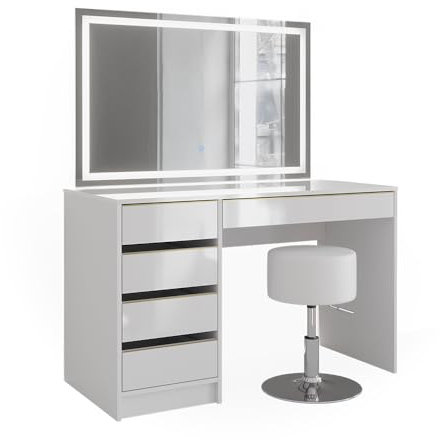 Vicco Schminktisch Sherry, Weiß/Gold, 120 cm mit LED-Spiegel und Hocker