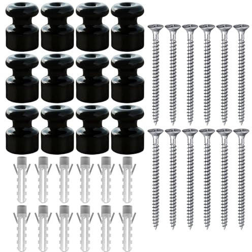 OASHISU 12 Stück Vintage Isolatoren aus Porzellan für Textilkabel Porzellanisolatoren Aufputz Kabelhalter Kabelführung Retro Wandpins Wand und Deckenpins, Schwarz, Ø18mm Keramik-Isolatoren