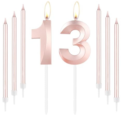 mciskin Rose Gold 13 Birthday Candles-Number 13 Candle for Cake with Long Thin Candles Set, Rose Gold Cake Topper for Girl 13th Birthday Decorations Supplies,13th Wedding Anniversary Decorations