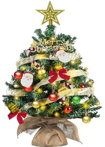 Mini Christmas Tree with LED Lights - 60cm Tabletop Desktop Xmas Tree, Battery Operated, Artificial with Ball Ornaments, Perfect for Home, Kitchen, Office Decoration