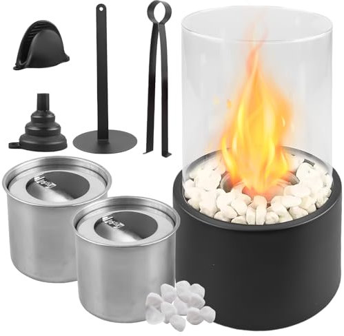 Tischkamin, Bioethanol Kamin, Tischfeuer für Indoor & Outdoor mit Deko Steinen und 2 Brennkammern für Unendliche Brenndauer, Tragbare Bio Ethanol Feuerstelle Kleiner Kamin, Balkon Deko, 29x16x16cm