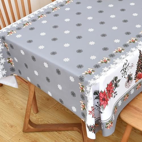 Yofori Tischdecke Weihnachten, 137x137cm PVC Weihnachts Tischdecke Abwischbar Grau Tischdecken Wasserabweisend Weihnachtstischdecke Quadratisch für Esstisch (Bäume-Grau)