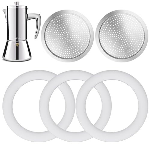 DITOSH Lot de 2 filtres avec 3 joints d'étanchéité en silicone pour cafetière expresso de 6 tasses - Pièces de rechange pour cafetière à moka en acier inoxydable 304