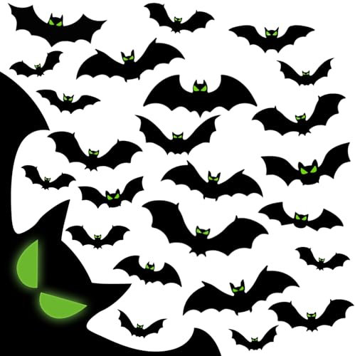 TELAIN 48 Stück Halloween Dekoration Fledermäuse, 3D Gruselige Plastikfledermäuse für Halloween Party, Innen- und Außendekoration für Bad, Küche, Zimmer, Fenster und Wände