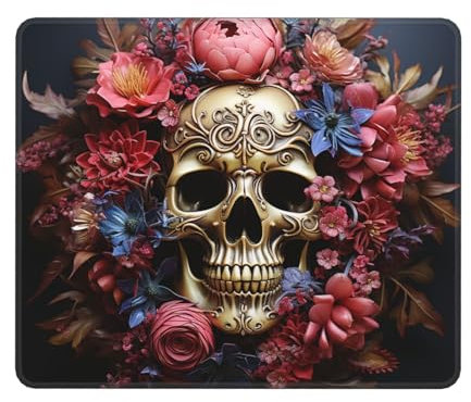 Mauspad, rutschfest, mit Gummiunterseite, Gaming-Schreibtischunterlage, rosa Blumen und Totenkopf, Bürodekoration, waschbare Tastaturmatte für Gaming, Arbeit, Computer, 30 x 24,9 cm