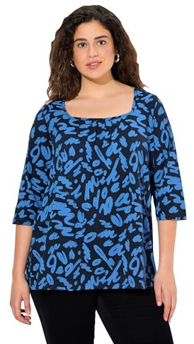Ulla Popken Damen große Größen Übergrößen Plus Size Shirt, A-Linie, Zierfalten, Carree-Ausschnitt, 3/4-Arm Marine 42+ 834108130-42+