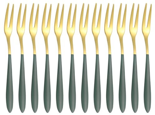 Sourcing Map 12 Pcs Dark Green Stainless Steel Pickle Fork, 5.2 Inch Olive Fork with Long Handle, 2-Tine for Dessert, Cocktail, Fruit and Vegetable