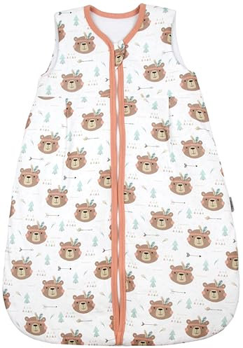 TupTam Schlafsack Baby 2.5 TOG – Atmungsaktiver Ganzjahresschlafsack für Kinder, OEKO-TEX zertifiziert, Farbe: Bärchen mit Federschmuck Braun Petrol Lachs, Größe: 68-74