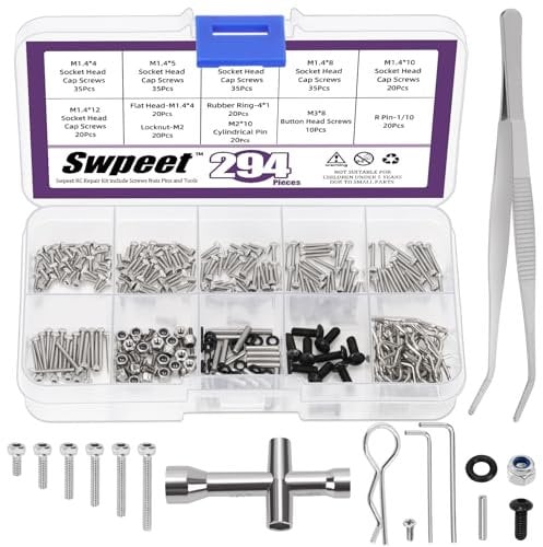 Swpeet 294Pcs Universal RC Screw Kit, 304 Stainless Steel RC Repair Accessories Screws Nuts Tools Kit, Hardware Fasteners Compatible with Most SCX24 1/24 RC Cars Crawler Trucks