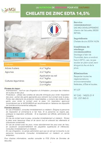 Chélate de Zinc EDTA 14,5% - 1 kg - Oligo-élément Pur pour Fertilisation des Plantes - Absorption Optimale & Correction des Carences