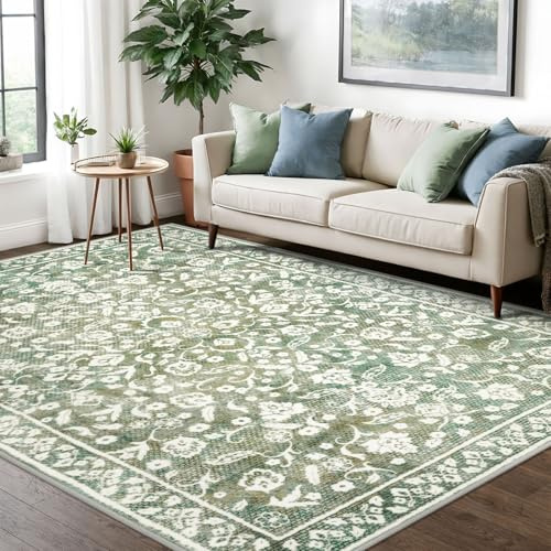 SILOLOOM Vintage-Teppich, 15,2 x 22,9 cm, Salbeigrün/Beige, rutschfest, weich, für Wohnzimmer, dünn Bedruckt, Kunstwolle, Boden, superweich, für Schlafzimmer, Esszimmer, Spielzimmer, Innenbereich