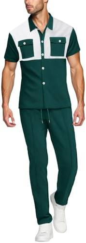 Generisch Taekwondo Men's Tracksuit Summer Men's Two-Piece Set with Square Chest Pockets and Short Sleeves, Shirt and Trousers Suit Taekwondo Children, Dark green, L