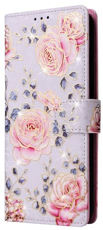 for iPhone SE 2022/ 2020 Case,iPhone 7/ 8 Case, RFID Blocking PU Leather Case with Glitter Gold Edges Flowers, Shockproof Wallet Flip Cover with Kickstand Magnetic Closure Card Holder, Pastoral Rose